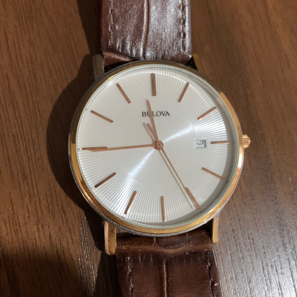 Used- Bulova Men's Classic 3-Hand Calendar Date Quartz Leather Strap Watch, Bu…
